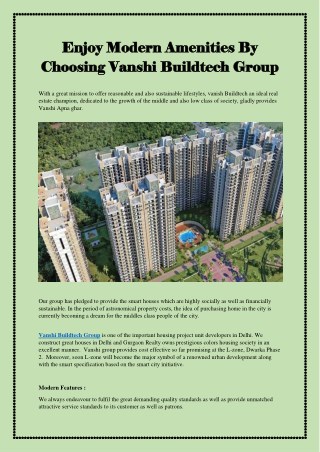 Enjoy Modern Amenities By Choosing Vanshi Buildtech Group