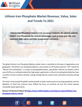 Lithium Iron Phosphate Market Manufacturing Cost Analysis,Size, Volume, Share From 2012-2021