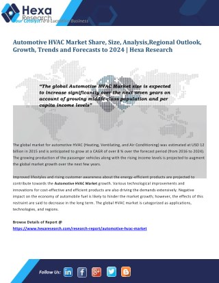 Global Automotive HVAC Market Size is Expected to Increase Significantly by 2024