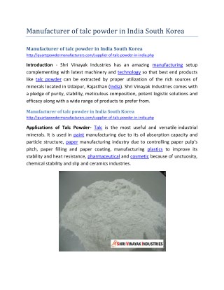 Manufacturer of talc powder in India South Korea