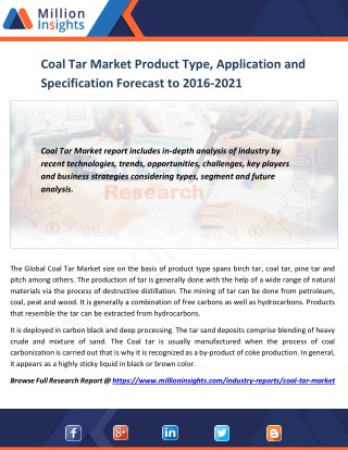 Coal Tar Market Product Type, Application and Specification Forecast to 2016-2021