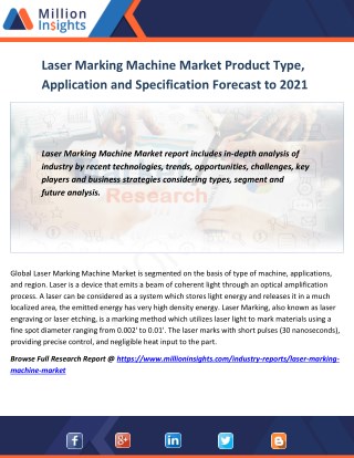 Laser Marking Machine Market Product Type, Application and Specification Forecast to 2016-2021