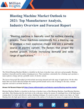 Blasting Machine Market Outlook to 2021: Top Manufacturer Analysis, Industry Overview and Forecast Report