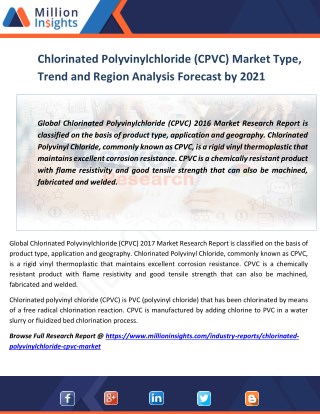 Chlorinated Polyvinylchloride (CPVC) Market by Top Manufacturers, Main Regions, Analysis by Application Forecast to 2016