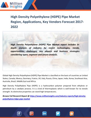 High Density Polyethylene (HDPE) Pipe Market Drivers, challenges, Growth Rate and Market Specification Forecast by 2016