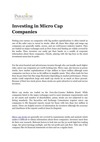 Investing in Micro Cap Companies