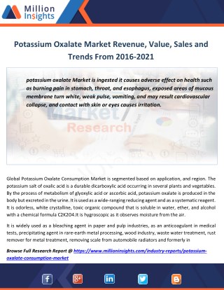 Potassium Oxalate Market Manufacturing Cost Analysis,Size, Volume, Share From 2016-2021