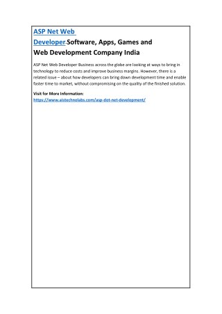 ASP Net Web Developer-Software, Apps, Games and Web Development Company India