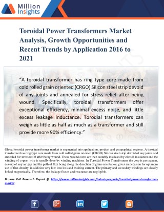 Toroidal Power Transformers Market Analysis, Growth Opportunities and Recent Trends by Application 2016 to 2021