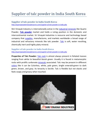 Supplier of talc powder in India South Korea