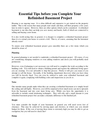 Essential Tips before you Complete Your Refinished Basement Project