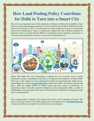 How Land Pooling Policy Contribute for Delhi to Turn into a Smart City