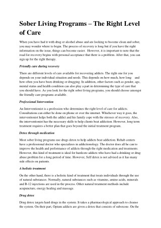 Sober Living Programs – The Right Level of Care