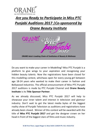 Are you ready to Participate in Miss PTC Punjabi Auditions 2017 | Co-sponsored by Orane Beauty Institute