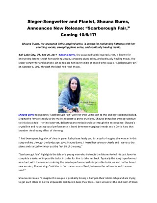 Singer-Songwriter and Pianist, Shauna Burns, Announces New Release: “Scarborough Fair,” Coming 10/6/17!