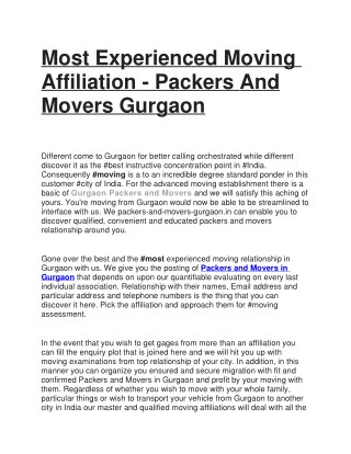 Most Experienced Moving Affiliation - Packers And Movers Gurgaon