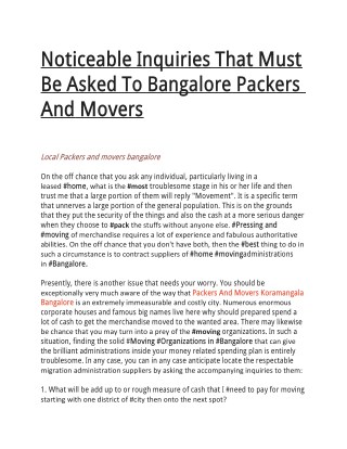 Noticeable Inquiries That Must Be Asked To Bangalore Packers And Movers
