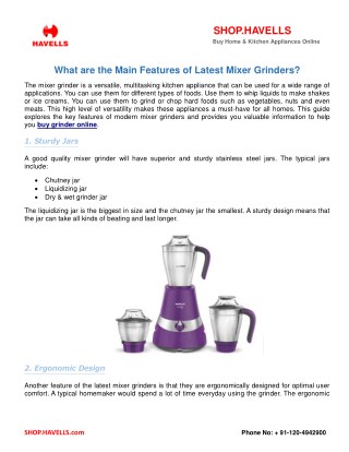 What are the Main Features of Latest Mixer Grinders