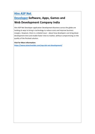 Hire ASP Net Developer-Software, Apps, Games and Web Development Company India
