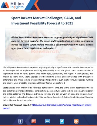 Sport Jackets Market Challenges, CAGR, and Investment Feasibility Forecast to 2021