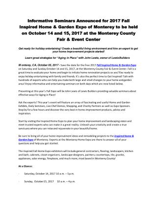 Informative Seminars Announced for 2017 Fall Inspired Home & Garden Expo of Monterey to be held on October 14 and 15, 20
