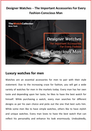 Designer Watches - The Important Accessories For Every Fashion-Conscious Man