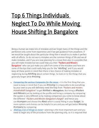 Top 6 Things Individuals Neglect To Do While Moving House Shifting In Bangalore