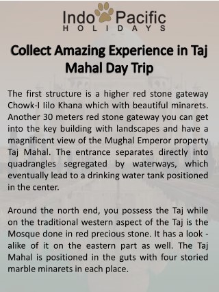 Collect Amazing Experience in Taj Mahal Day Trip