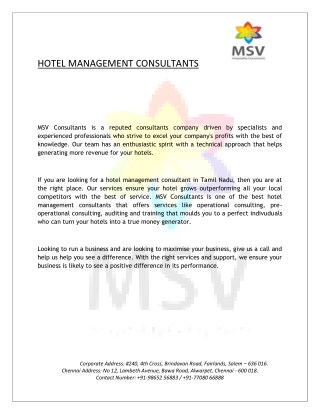 Hotel Management Consultants in India