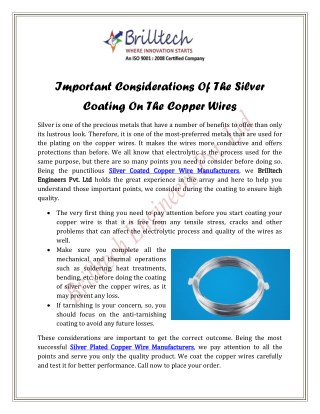 Important Considerations Of The Silver Coating On The Copper Wires