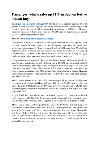Passenger vehicle sales up 11% in Sept on festive season buys
