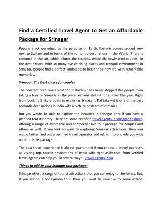 Find a Certified Travel Agent to Get an Affordable Package for Srinagar