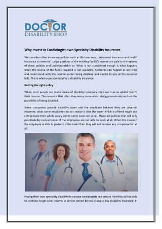 Why Invest in Cardiologist own Specialty Disability Insurance