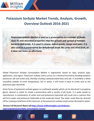 Potassium Sorbate Market Segmentation, Opportunities, Trends & Future Scope to 2021