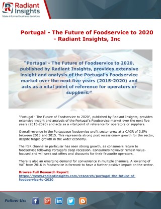 Portugal - The Future of Foodservice to 2020 - Trend, Share, Growth and Forecast