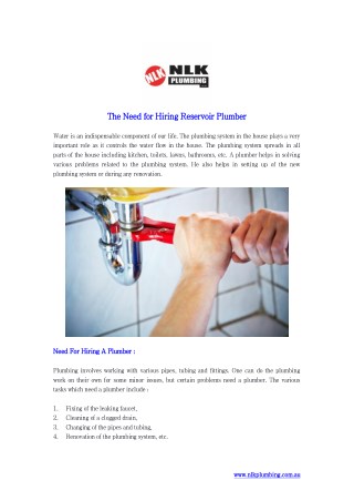 The Need for Hiring Reservoir Plumber