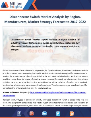 Disconnector Switch Market Analysis by Region, Manufacturers, Market Strategy Forecast to 2017-2022