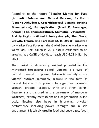 Betaine Market estimated to grow at a CAGR of 6.4% during 2016 to 2021