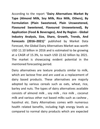 Dairy Alternatives Market will reach USD 22.62 billion by 2021