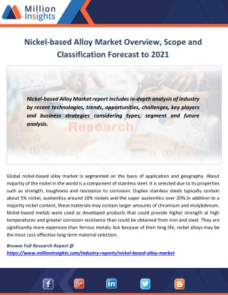 Nickel-based Alloy Market Overview, Scope and Classification Forecast to 2021