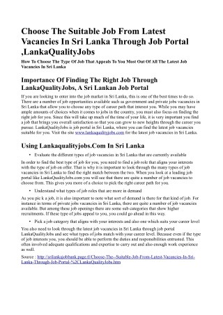 Choose The Suitable Job From Latest Vacancies In Sri Lanka Through Job Portal ,LankaQualityJobs