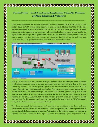 SCADA System – SCADA Systems and Applications Using SQL Databases are More Reliable and Productive!