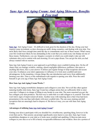 Sans Age Anti Aging Cream: Anti Aging Skincare, Benefits & Free trail