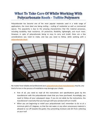 What To Take Care Of While Working With Polycarbonate Roofs - Tuflite Polymers