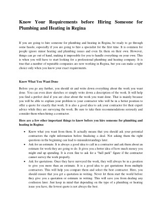Know your requirements before hiring someone for plumbing and heating in regina