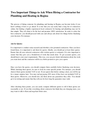 Two important things to ask when hiring a contractor for plumbing and heating in regina