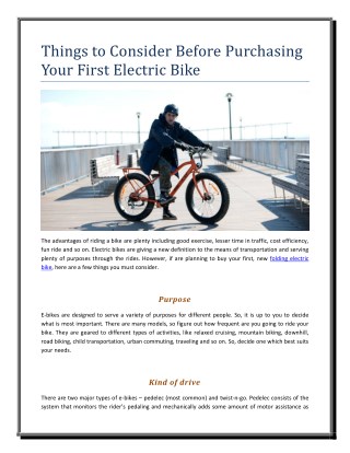 Things to Consider Before Purchasing Your First Electric Bike