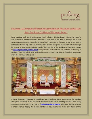 Factors To Consider When Choosing Indian Mandap In Boston And The Role Of Hindu Wedding Priest : Prasangdecors