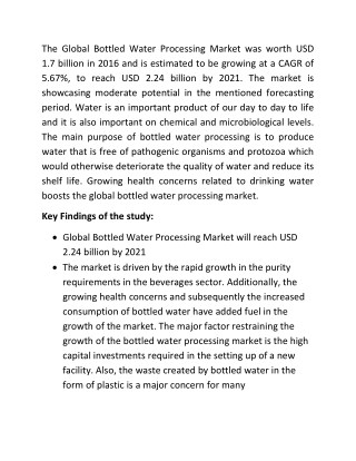 Bottled Water Processing Market Worth will be USD 2.24 billion by 2021