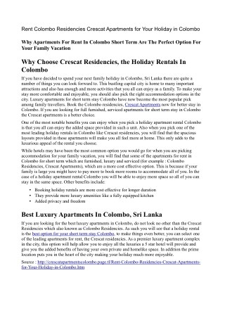 Crescat Apartments for Colombo Holidays